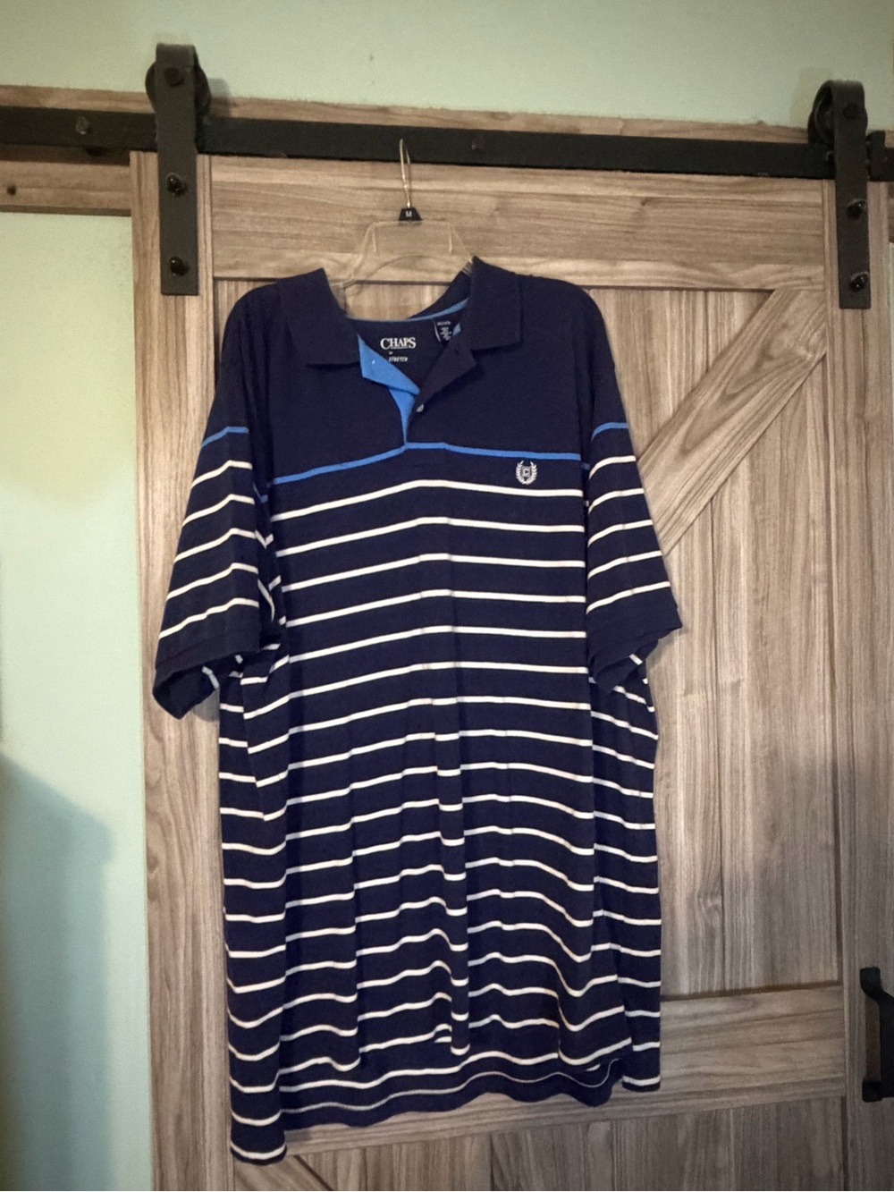 Chaps Navy Polo with White Stripes and Light Blue Accents
